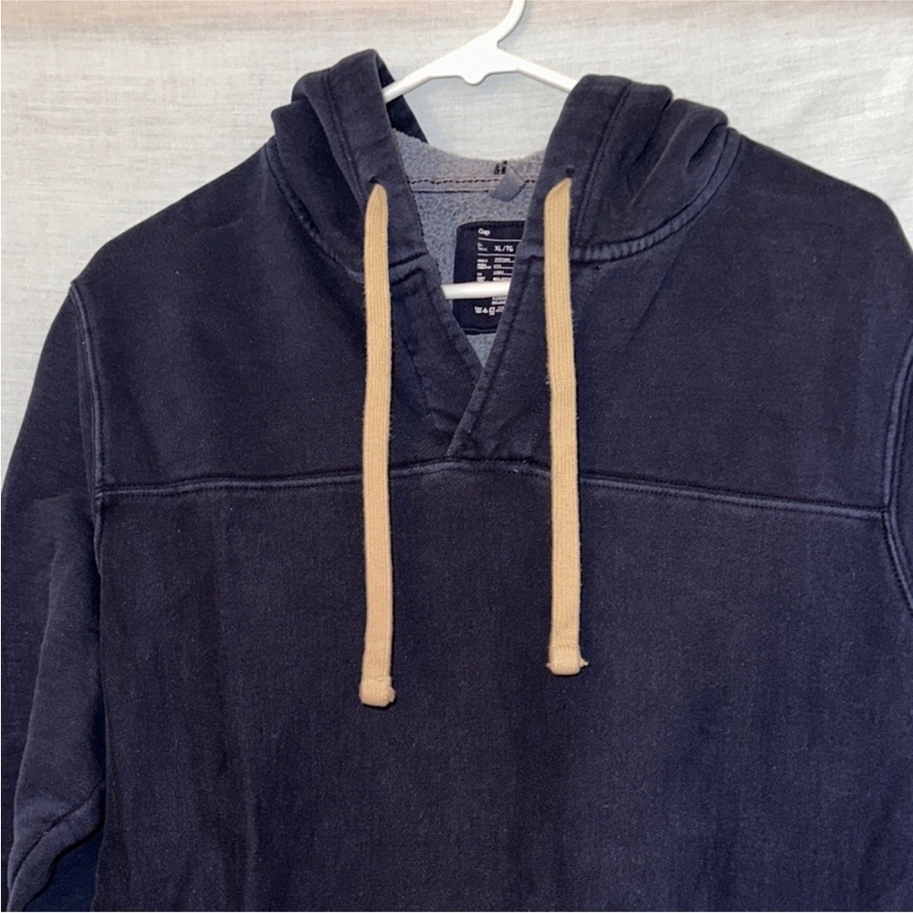 Navy Hoodie with Tan Drawstrings
